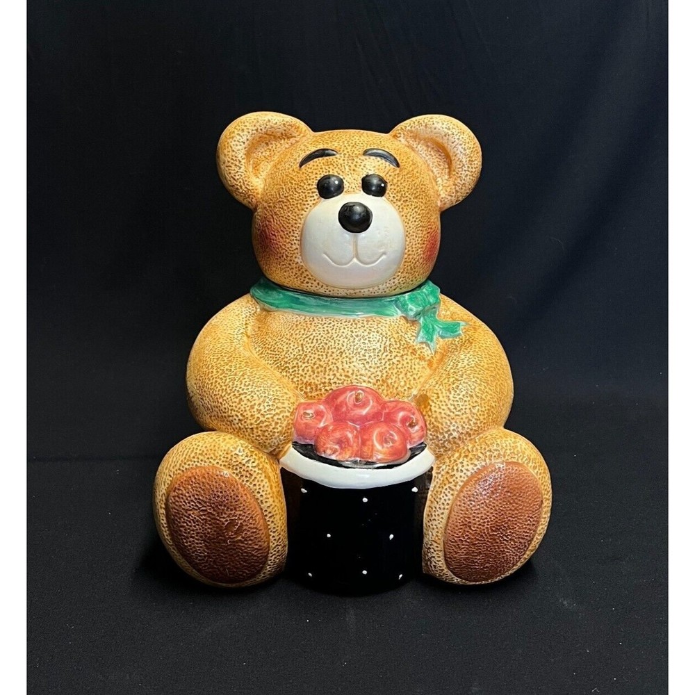 GKRO Ceramic Collectible Cookie Jar Brown Teddy Bear Red Apples Basket 9.5"